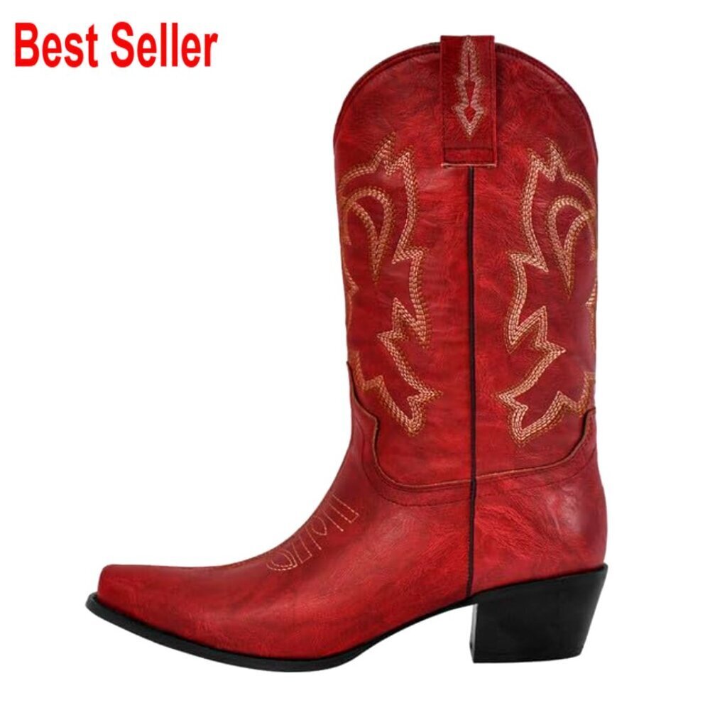 Pointed Toe Cowboy Boots, Mid Calf, Vegan Leather, 2-3 Inch Heel - Picture 4 of 7